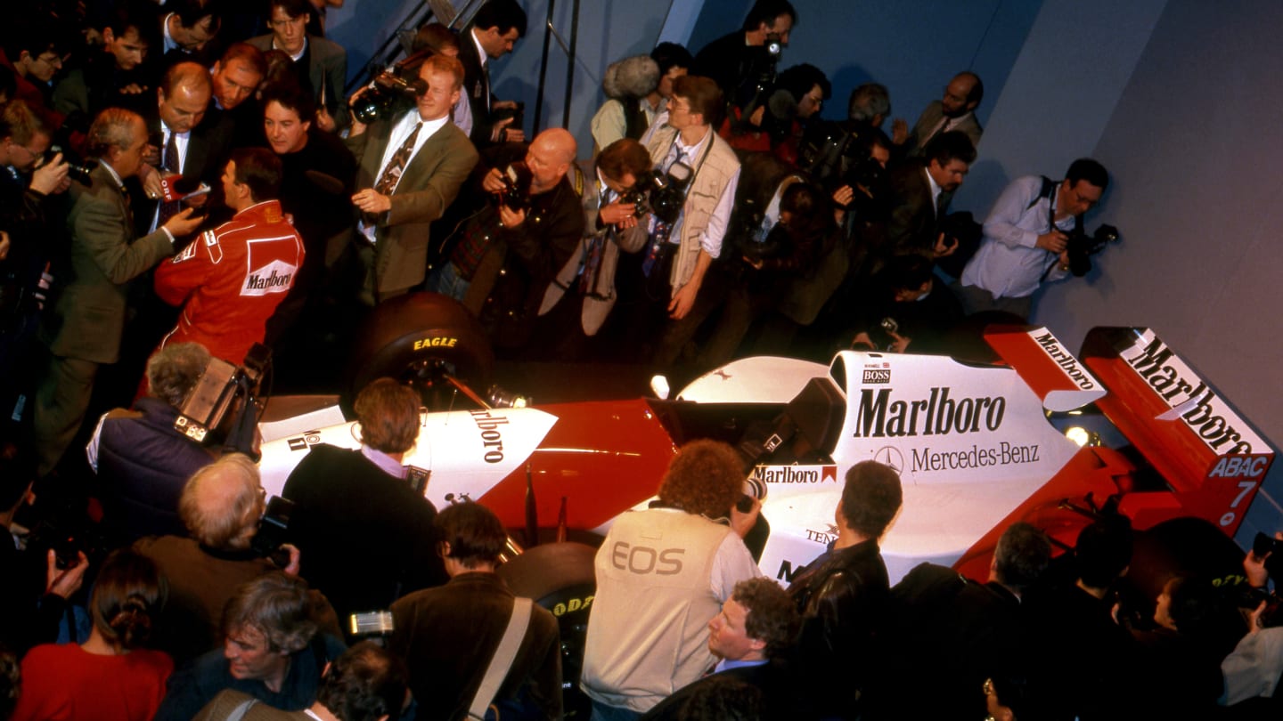 Nigel Mansell (GBR) McLaren talks with the media at McLaren MP4-10 Launch, Science Museum, London, England, 17 February 1995. © Sutton Motorsport Images