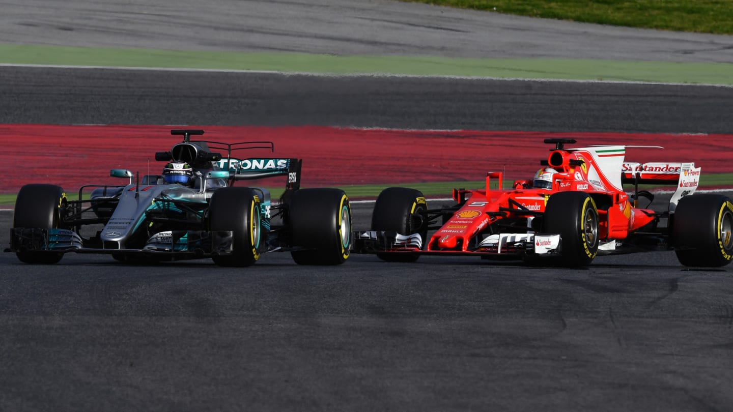 www.sutton-images.com Valtteri Bottas (FIN) Mercedes-Benz F1 W08 Hybrid and Sebastian Vettel (GER) Ferrari SF70-H at Formula One Testing, Day One, Barcelona, Spain, 7 March 2017. © Sutton Images + 44 1327 352188,Sutton Images + 44 1327 352188