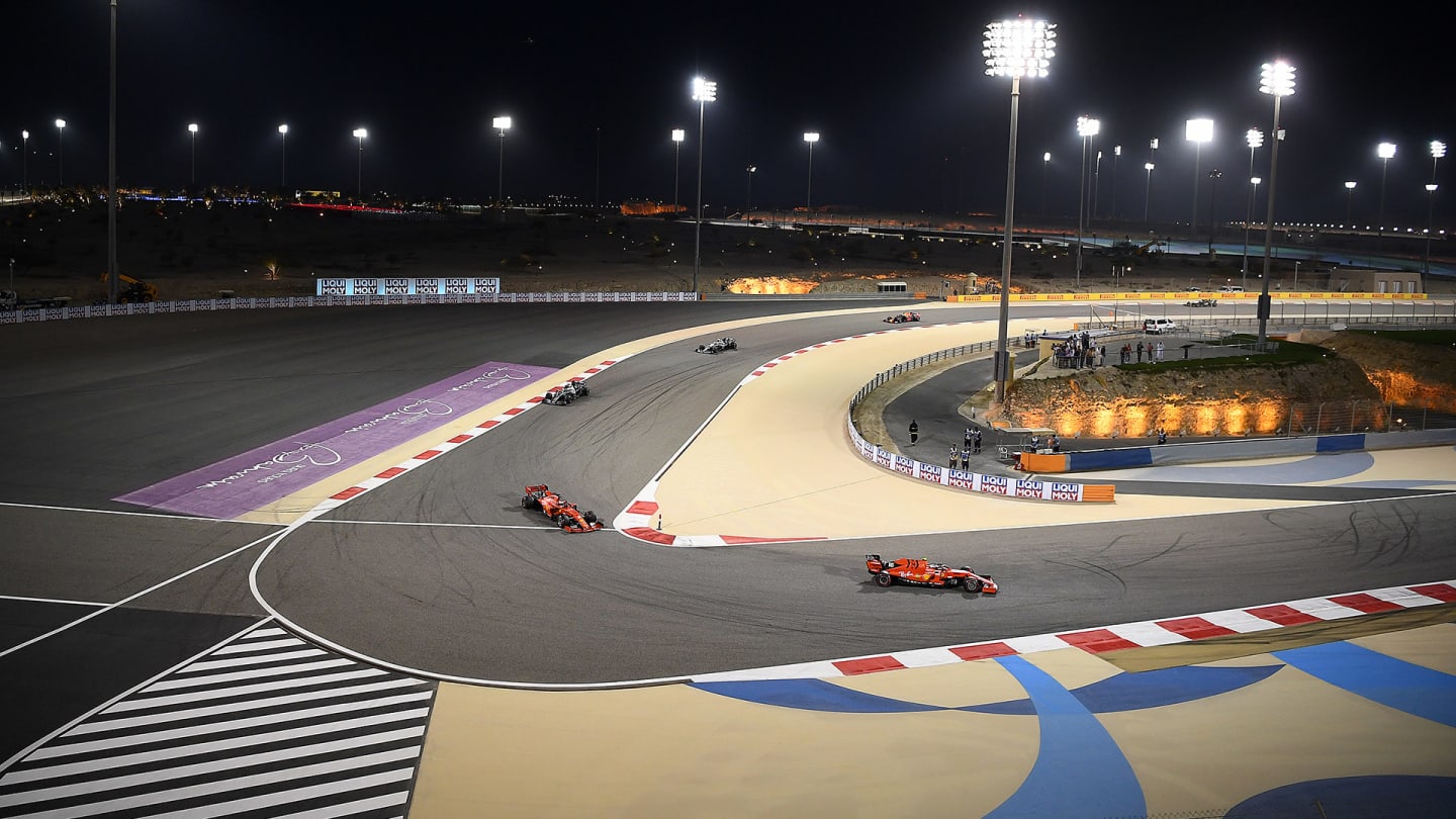 BAHRAIN, BAHRAIN - MARCH 31: Charles Leclerc of Monaco driving the (16) Scuderia Ferrari SF90 leads