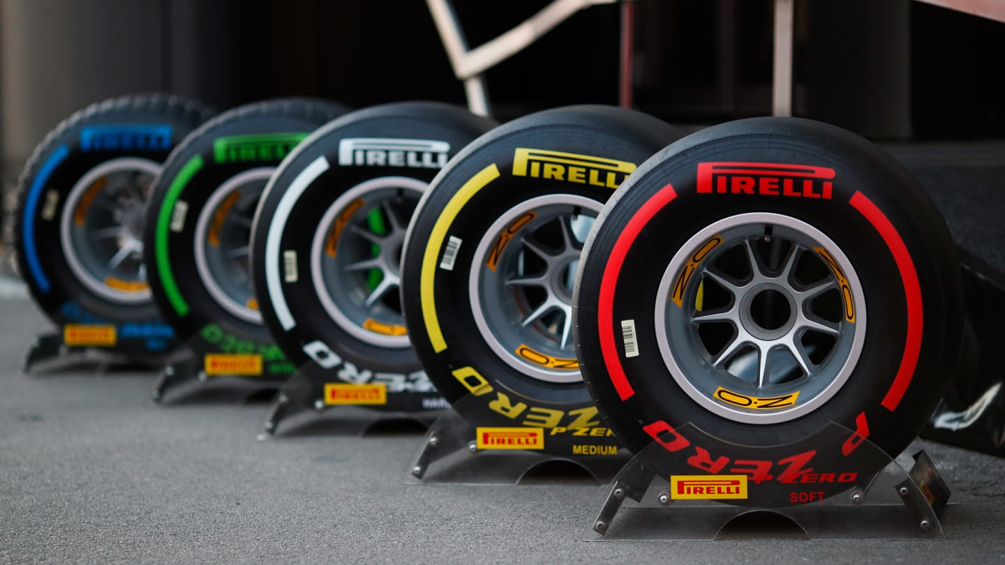 MONTMELO, SPAIN - FEBRUARY 19:Tyres of Pirelli for the 2019 season during day two of F1 Winter