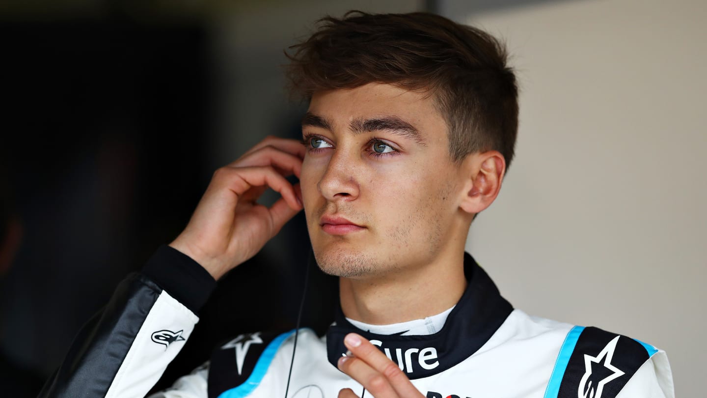 NORTHAMPTON, ENGLAND - JULY 13: George Russell of Great Britain and Williams prepares to drive in