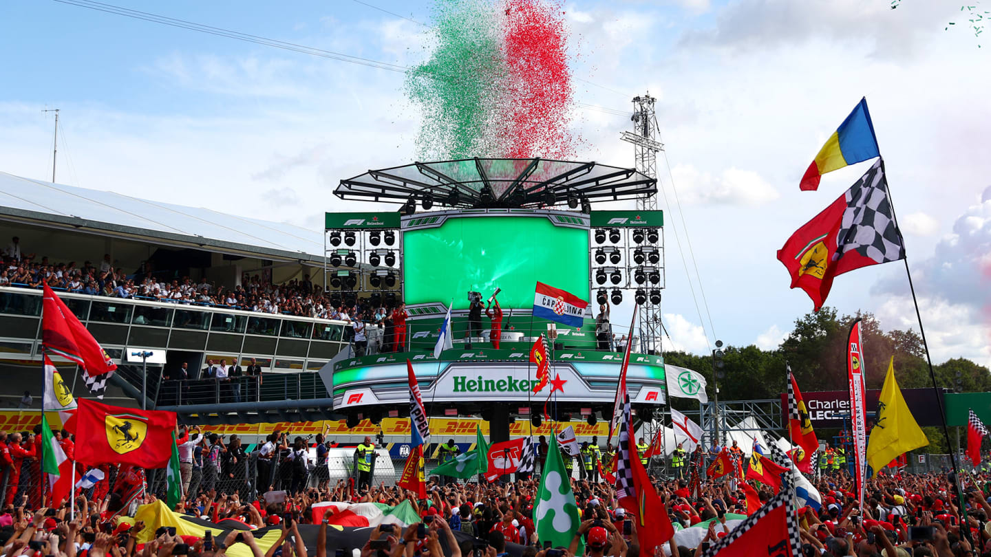 MONZA, ITALY - SEPTEMBER 08: A general view as race winner Charles Leclerc of Monaco and Ferrari