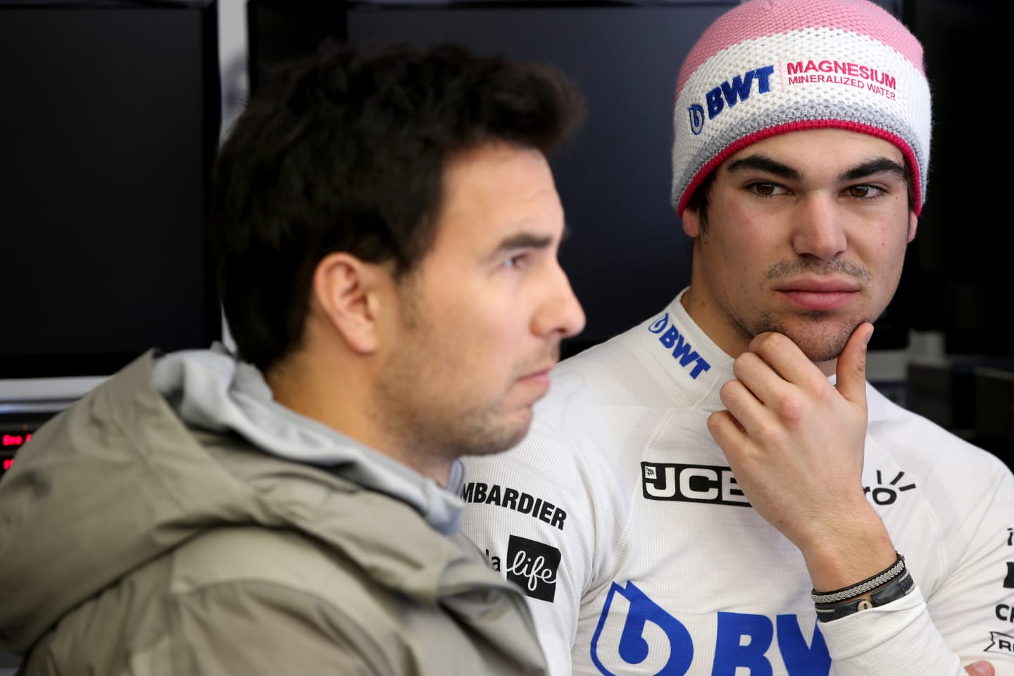 BARCELONA, SPAIN - FEBRUARY 26: Sergio Perez of Mexico and Racing Point and Lance Stroll of Canada