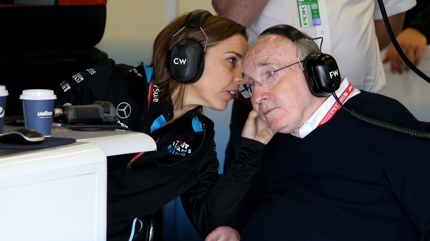 NORTHAMPTON, ENGLAND – JULY 12: Sir Frank Williams and Williams Deputy Team Principal Claire Williams talk in the garage during practice for the F1 Grand Prix of Great Britain at Silverstone on July 12, 2019. (Photo by Charles Coates/Getty Images)\n