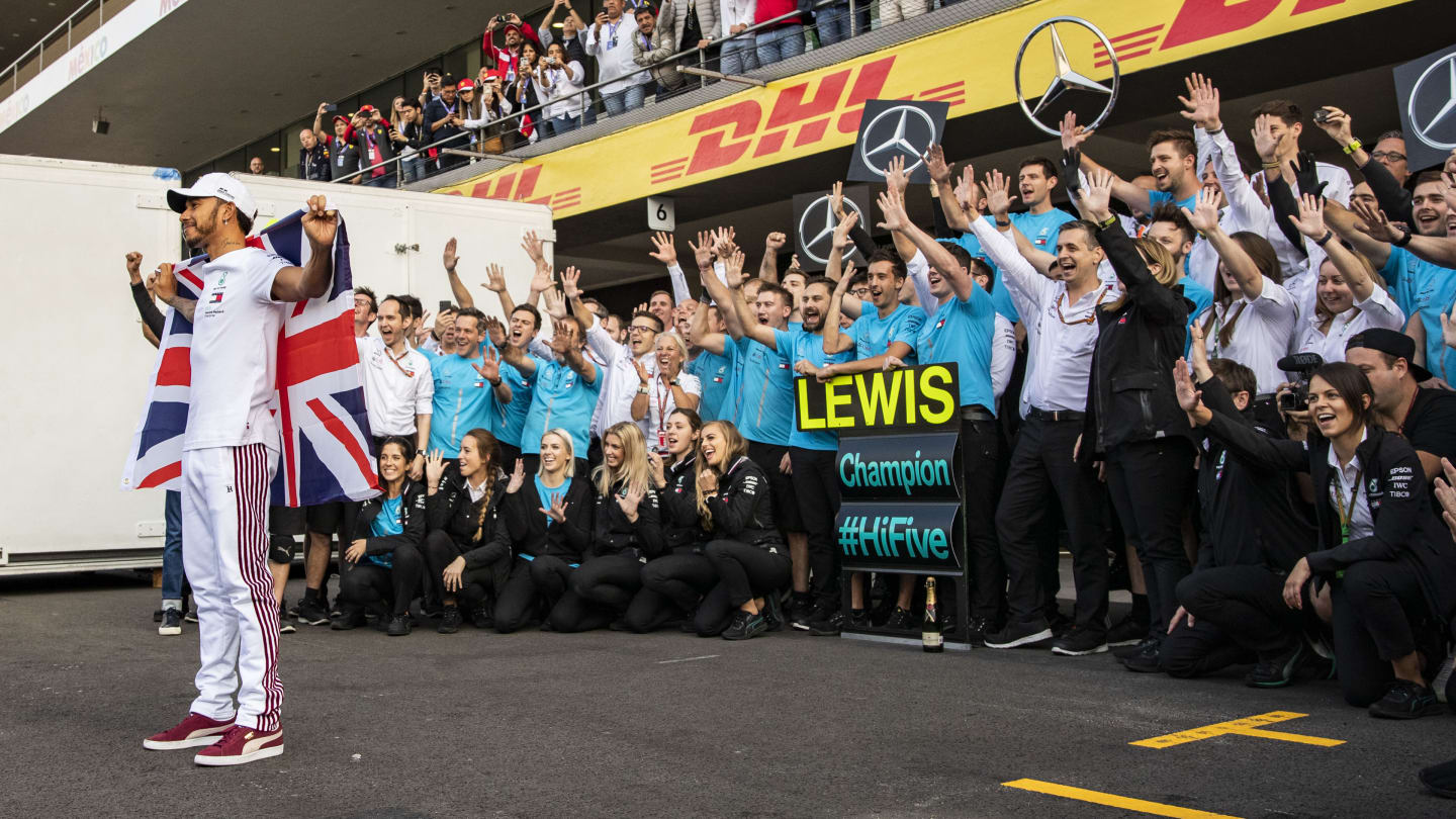AUTODROMO HERMANOS RODRIGUEZ, MEXICO - OCTOBER 28: Lewis Hamilton, Mercedes AMG F1 celebrates with