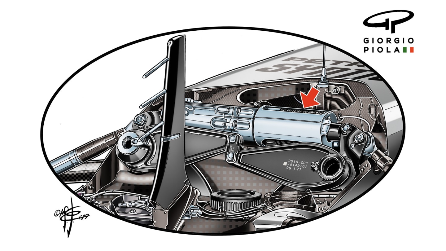The Mercedes uses hydraulic actuation for its inboard heave spring (denoted by the red arrow)...
