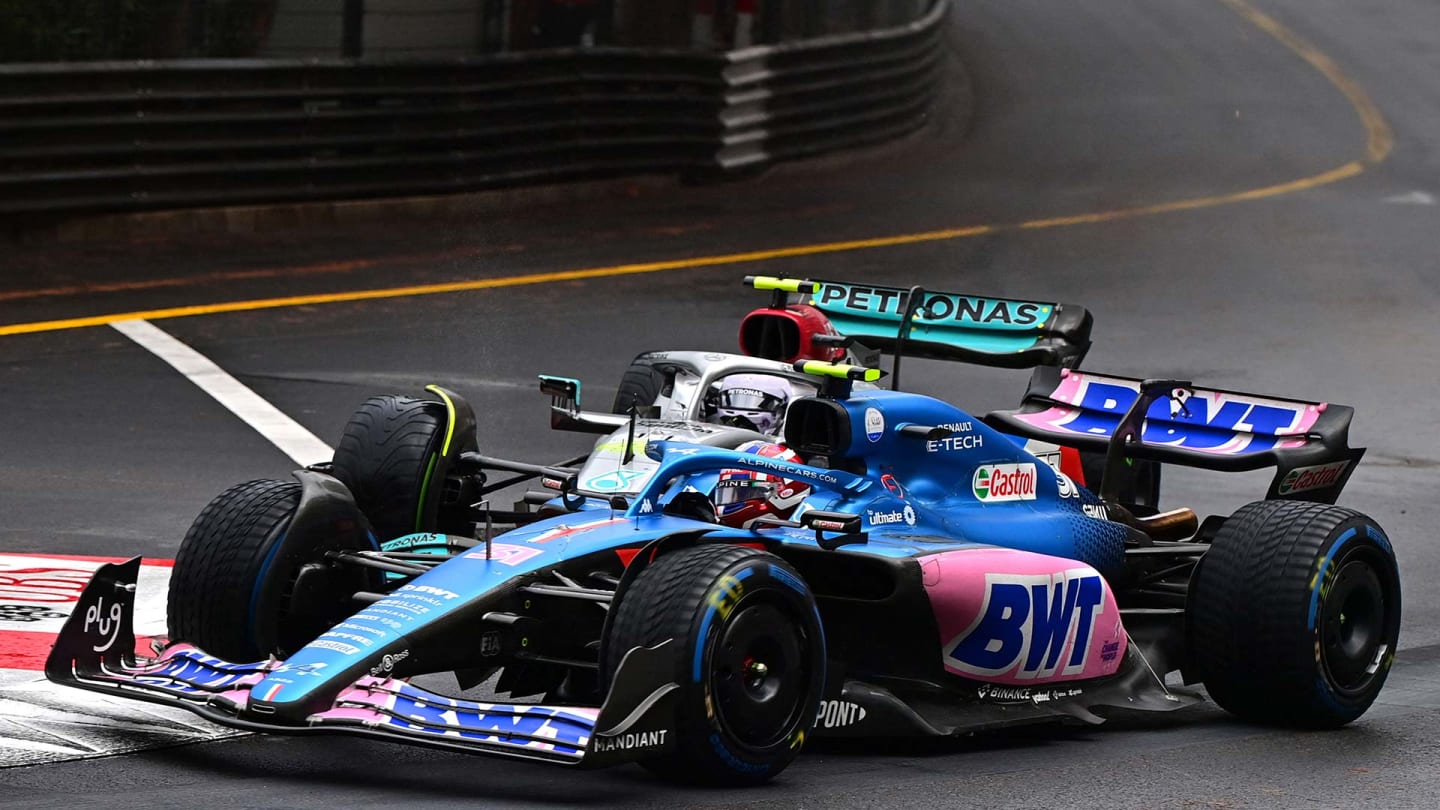 Alpine's French driver Esteban Ocon (R) and Mercedes' British driver Lewis Hamilton (L) collide during the Monaco Formula 1 Grand Prix at the Monaco street circuit in Monaco, on May 29, 2022. (Photo by ANDREJ ISAKOVIC / AFP) (Photo by ANDREJ ISAKOVIC/AFP via Getty Images)