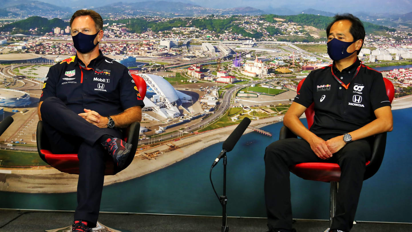 (L to R): Christian Horner (GBR) Red Bull Racing Team Principal and Toyoharu Tanabe (JPN) Honda Racing F1 Technical Director in the FIA Press Conference.
25.09.2020. Formula 1 World Championship, Rd 10, Russian Grand Prix, Sochi Autodrom, Sochi, Russia, Practice Day.
- www.xpbimages.com, EMail: requests@xpbimages.com © Copyright: 
FIA Pool Image for Editorial Use Only