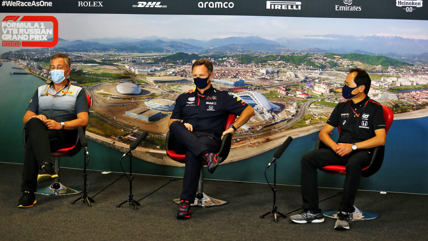 The FIA Press Conference (L to R): Mario Isola (ITA) Pirelli Racing Manager; Christian Horner (GBR) Red Bull Racing Team Principal; Toyoharu Tanabe (JPN) Honda Racing F1 Technical Director.
25.09.2020. Formula 1 World Championship, Rd 10, Russian Grand Prix, Sochi Autodrom, Sochi, Russia, Practice Day.
- www.xpbimages.com, EMail: requests@xpbimages.com © Copyright: 
FIA Pool Image for Editorial Use Only
