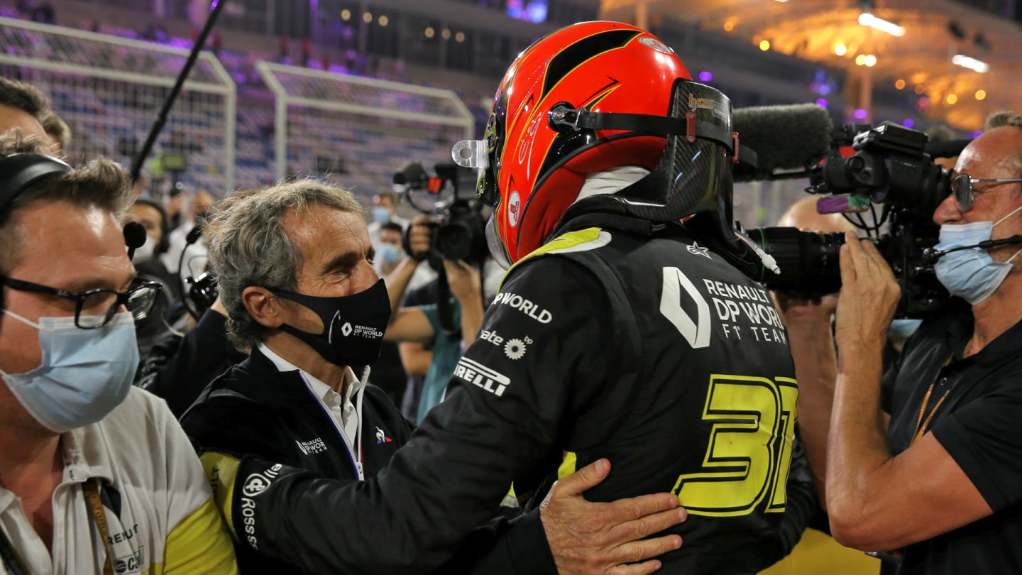 Esteban Ocon (FRA) Renault F1 Team celebrates his second position in parc ferme with Alain Prost