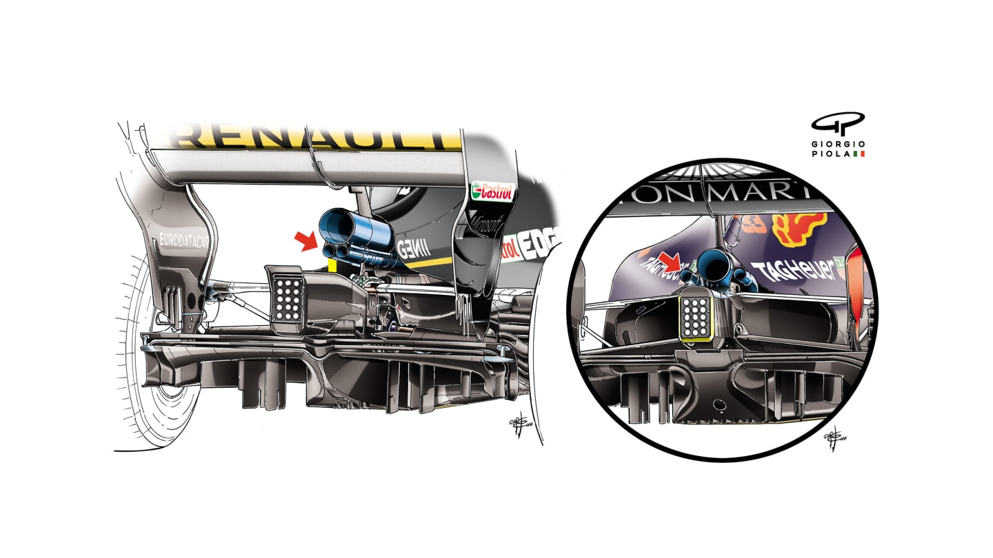 Renault's R.S.18 has a distinctly different exhaust arrangement to most other cars, including the Red Bull RB14 (right). © Giorgio Piola