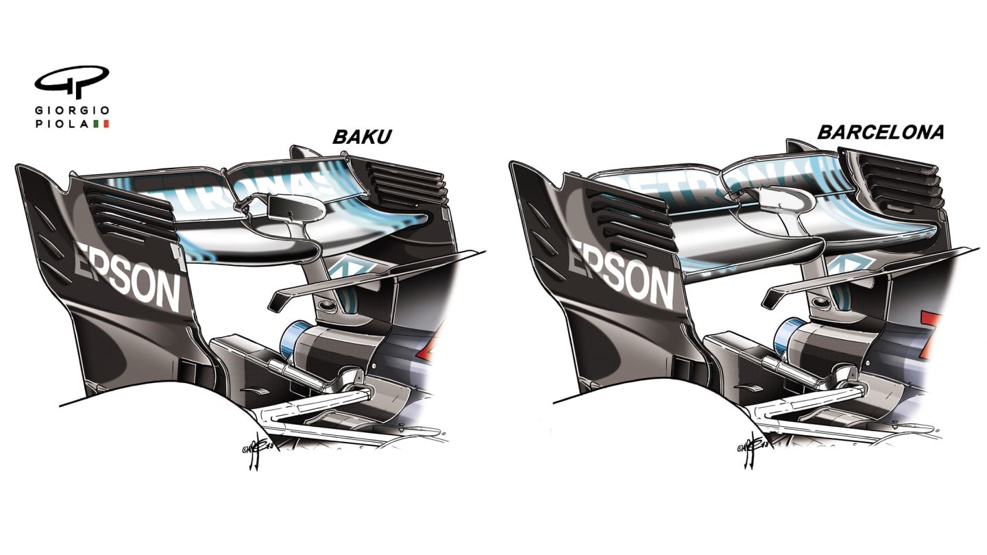 Mercedes returned to a more conventional-looking rear wing after their Baku special (left). © Giorgio Piola