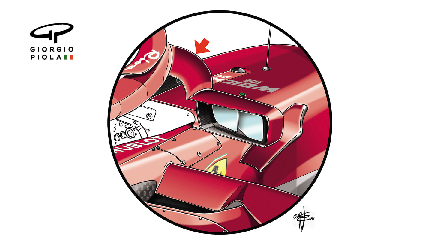 Ferrari's wing mirrors now attach to the halo with a new mounting point. © Giorgio Piola