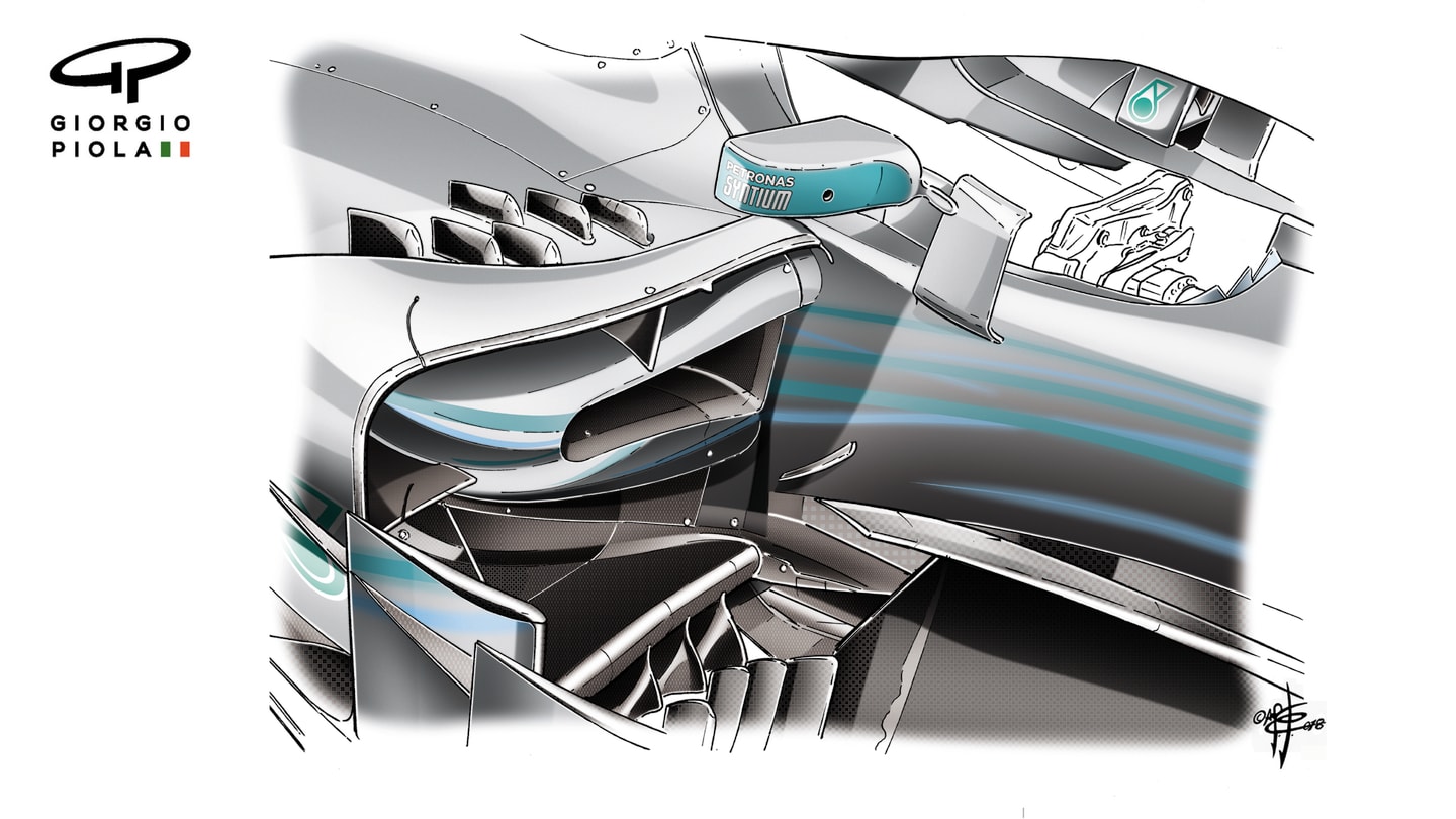 The flow conditioners sit on top of the sidepods and help speed up airflow. © Giorgio Piola
