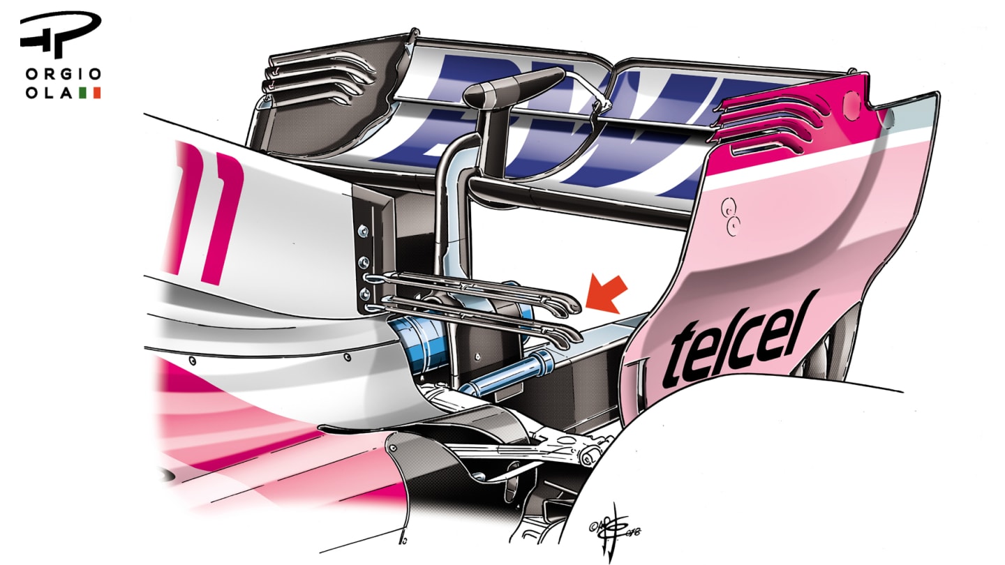 The red arrow indicates the positioning of Force India's second T-wing. © Giorgio Piola