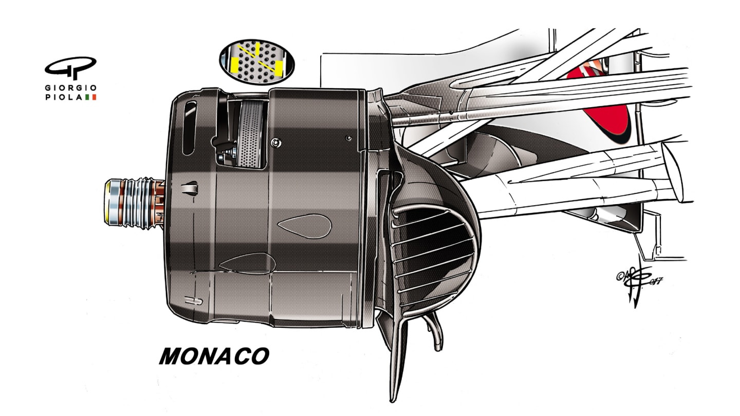 Ferrari's Monaco brake arrangement (the inset area shown in yellow is the area of un-drilled carbon)... © Giorgio Piola