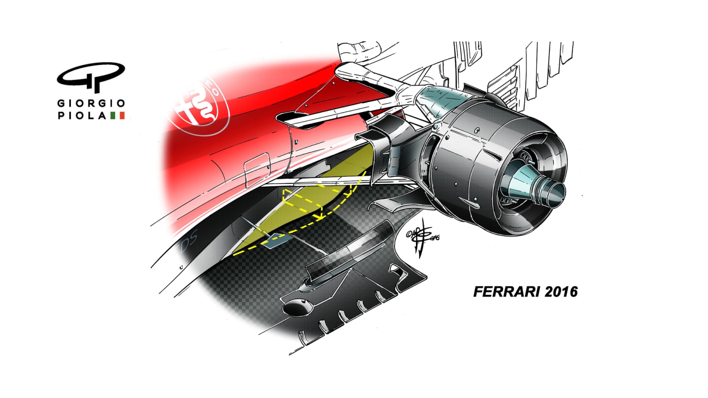 From 2016 onwards, Ferrari have utilised an extreme 'coke bottle' shape and airflow channel to improve flow to the rear of the car and downforce generating diffuser. However, for 2018 this channel has now been enclosed. © Giorgio Piola
