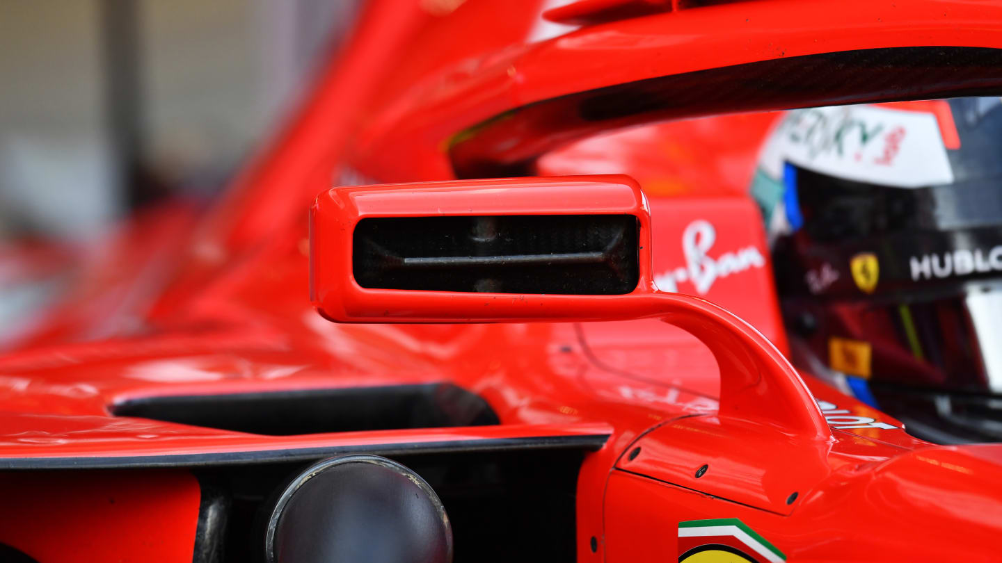 A close-up view of the slotted wing mirrors on the Ferrari SF71H. © Sutton Images