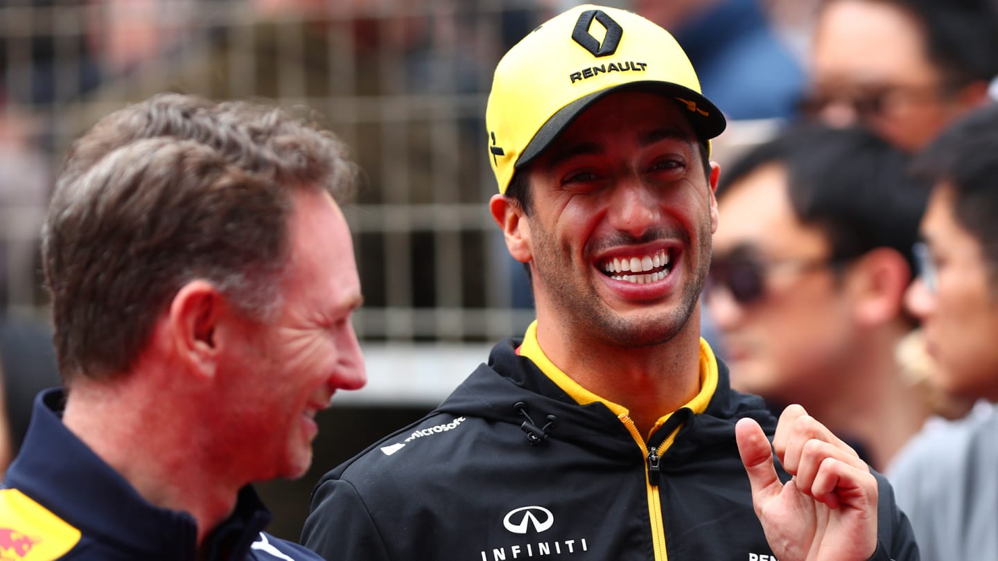 SHANGHAI, CHINA - APRIL 14: Daniel Ricciardo of Australia and Renault Sport F1 laughs with Red Bull