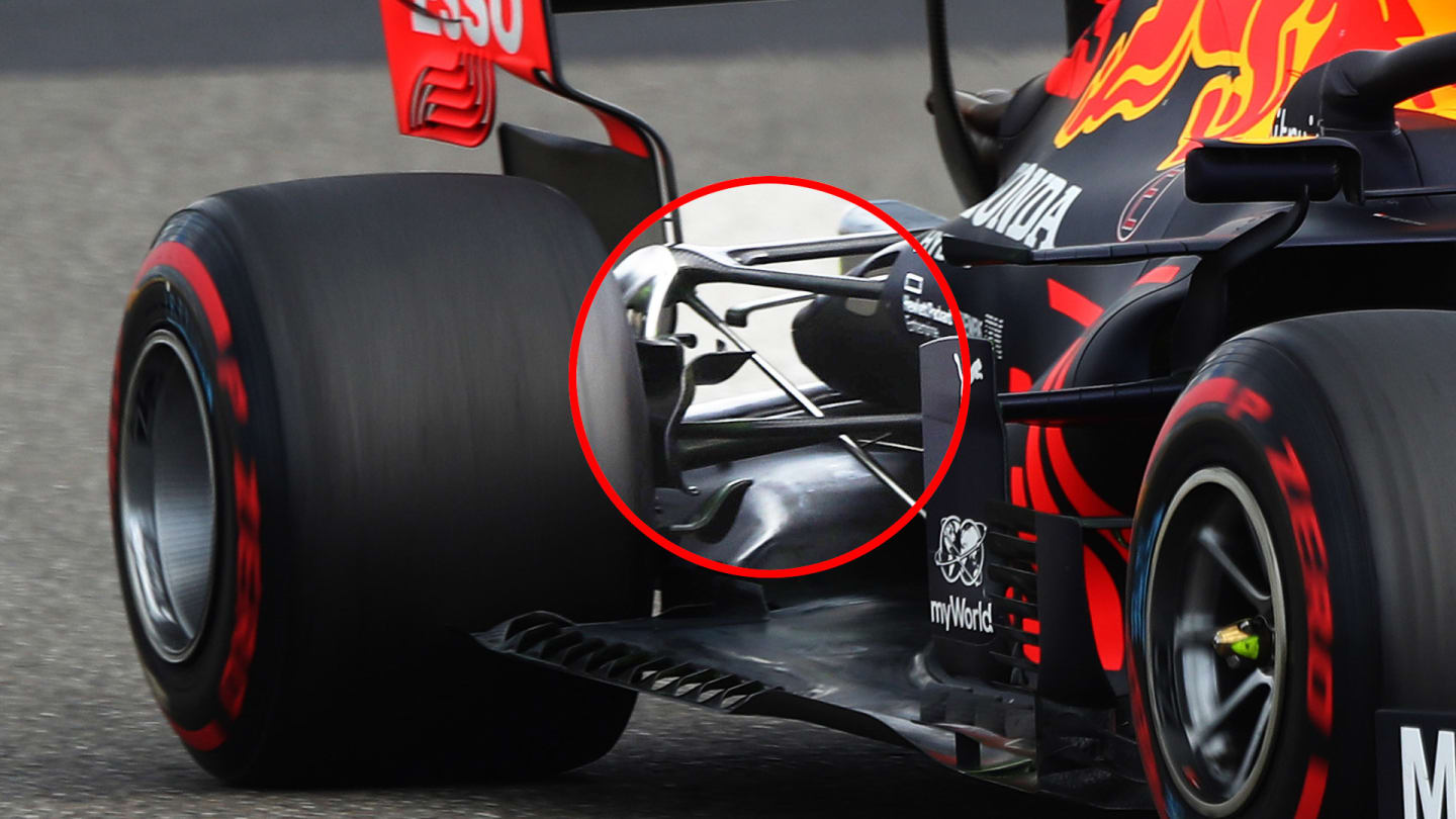 ... whereas on last year's car the lower wishbone was in front of the track rod, as you can see in this image