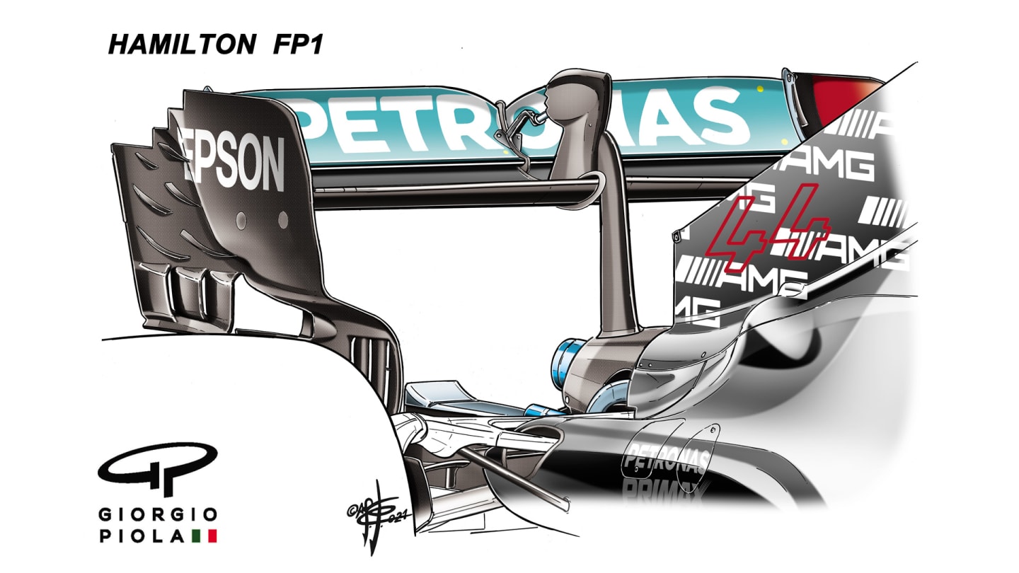 Mercedes' high and low downforce wings as used in FP1, Hamilton with higher downforce flap angle and with the flap running full depth at the outboard ends compared to…