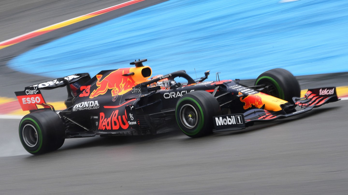 Red Bull's Dutch driver Max Verstappen drives during the third practice session of the Formula One