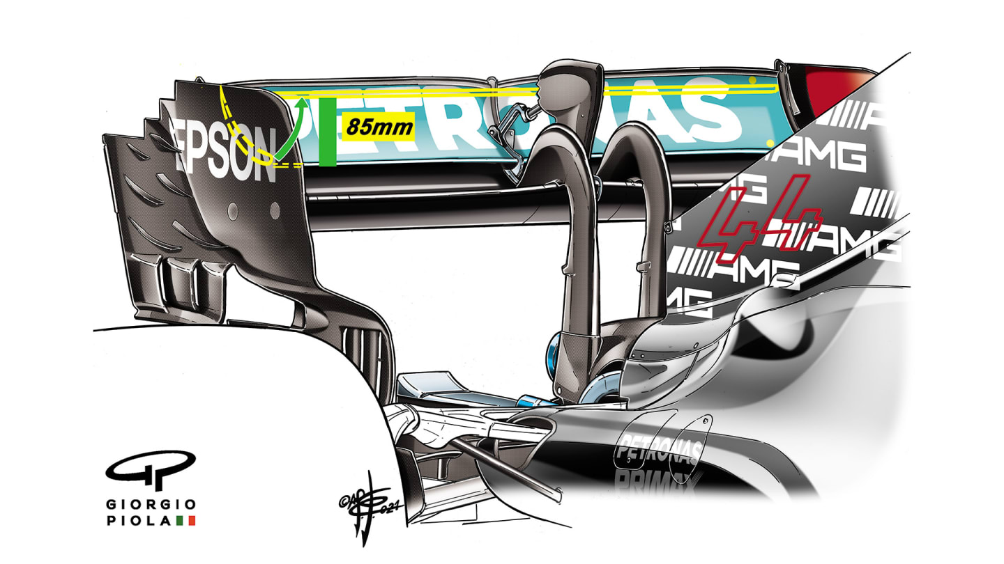 A technical illustration of Hamilton's Sao Paulo GP rear wing, yellow line showing the 85mm DRS opening across the main plane