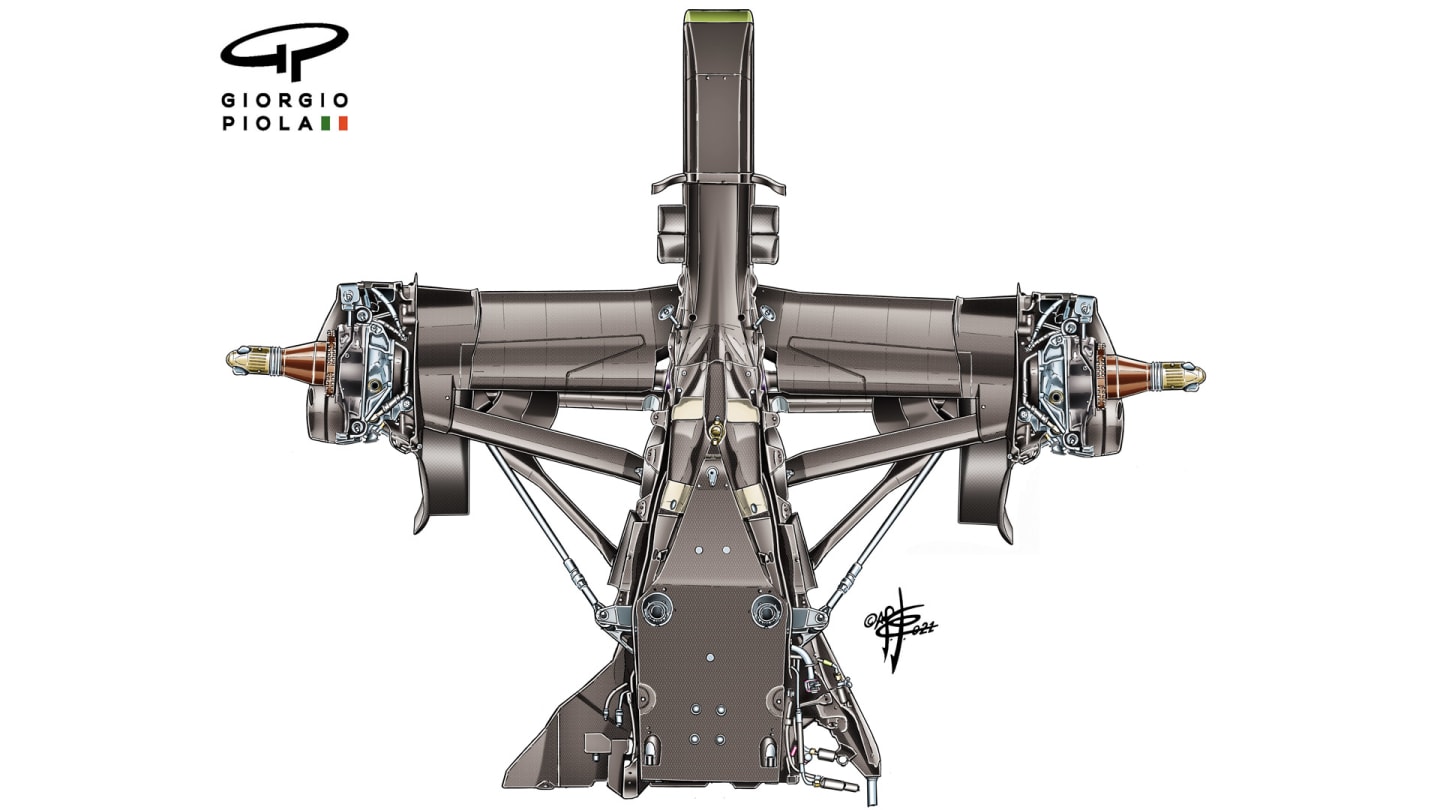 An illustration of the AlphaTauri AT02's rear suspension layout shows where Red Bull have made changes from their 2020 car to their 2021 car