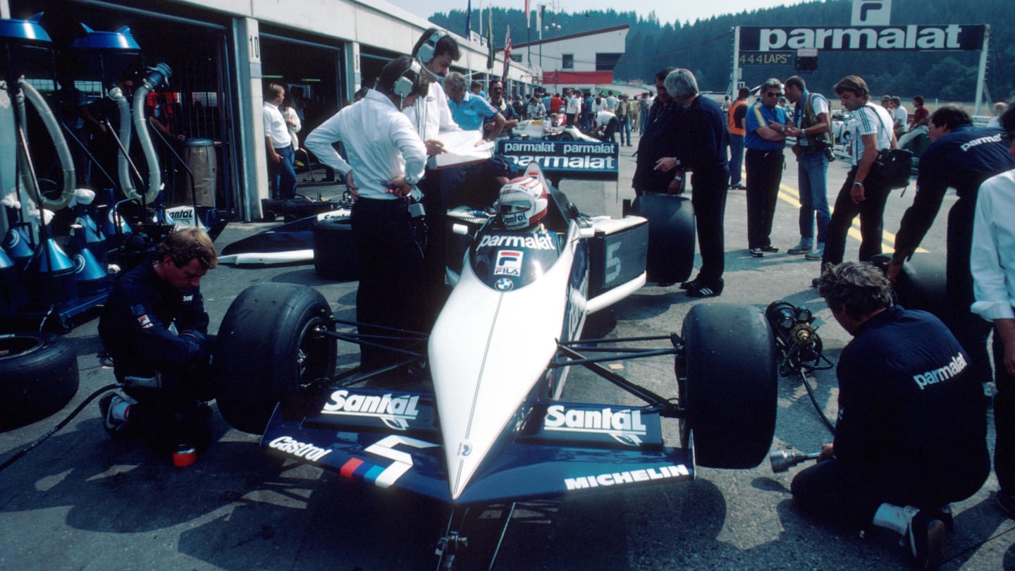 The Brabham of Nelson Piquet recieves some attention from his mechanics in the pits.
Austrian GP,