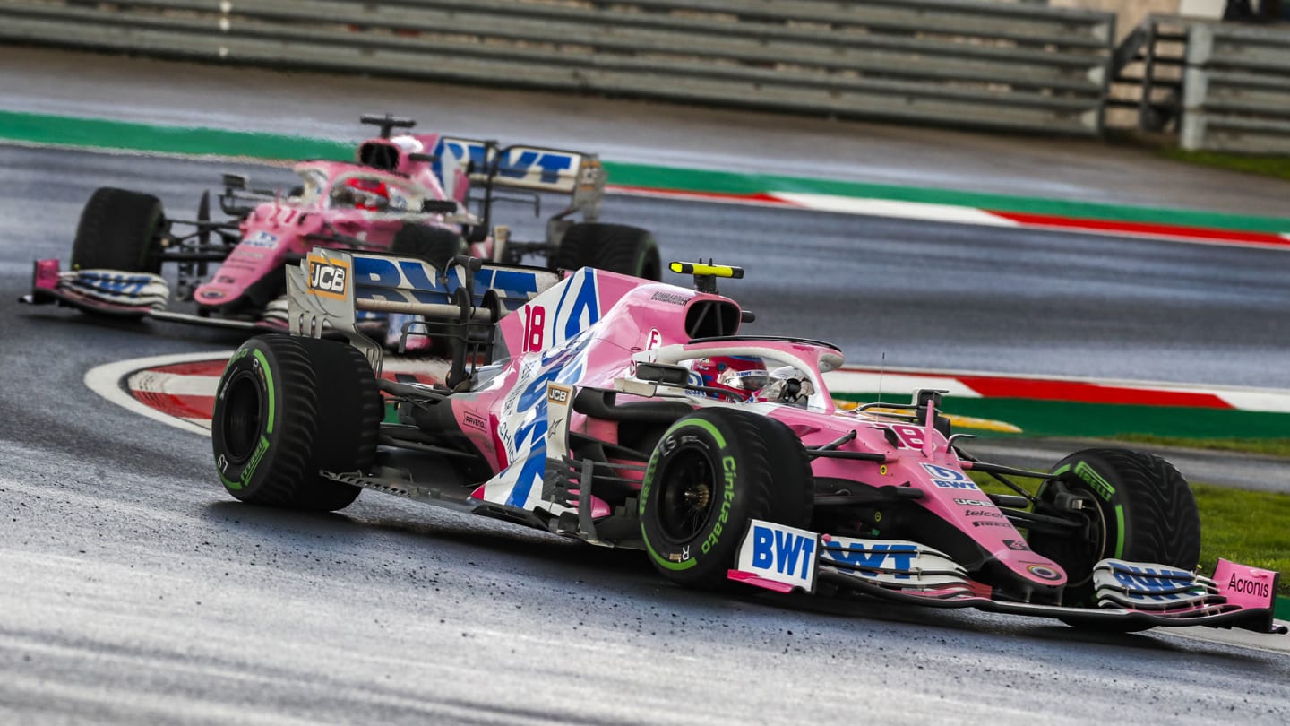 Lance Stroll, Racing Point RP20, leads Sergio Perez, Racing Point