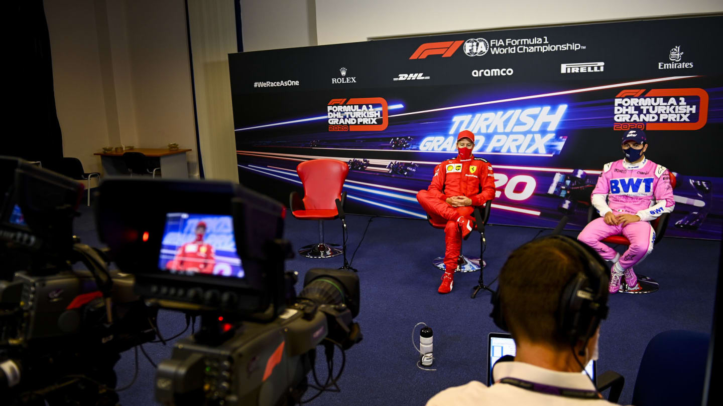 Sebastian Vettel, Ferrari and Sergio Perez, Racing Point in the press conference 