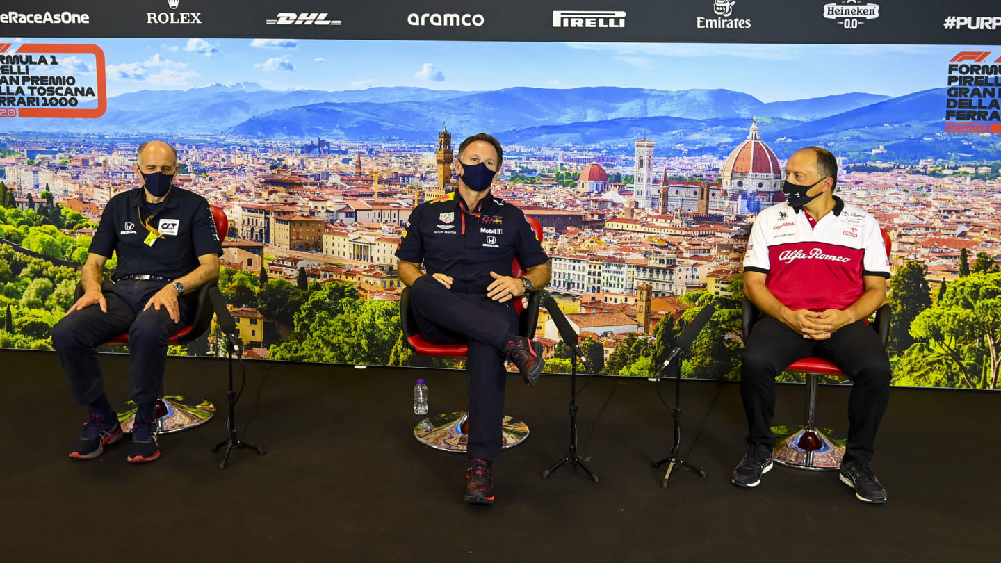 Franz Tost, Team Principal, AlphaTauri, Christian Horner, Team Principal, Red Bull Racing and Frederic Vasseur, Team Principal, Alfa Romeo Racing in the press conference 