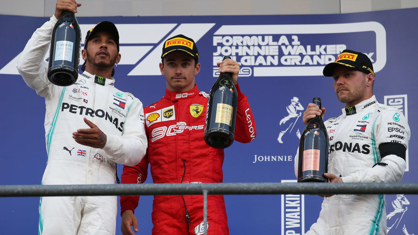 1st place Charles Leclerc (MON) Ferrari SF90, 2nd place Lewis Hamilton (GBR) Mercedes AMG F1 W10 and 3rd place Valtteri Bottas (FIN) Mercedes AMG F1 W10.
01.09.2019. Formula 1 World Championship, Rd 13, Belgian Grand Prix, Spa Francorchamps, Belgium, Race Day.
- www.xpbimages.com, EMail: requests@xpbimages.com - copy of publication required for printed pictures. Every used picture is fee-liable. Â© Copyright: Batchelor / XPB Images