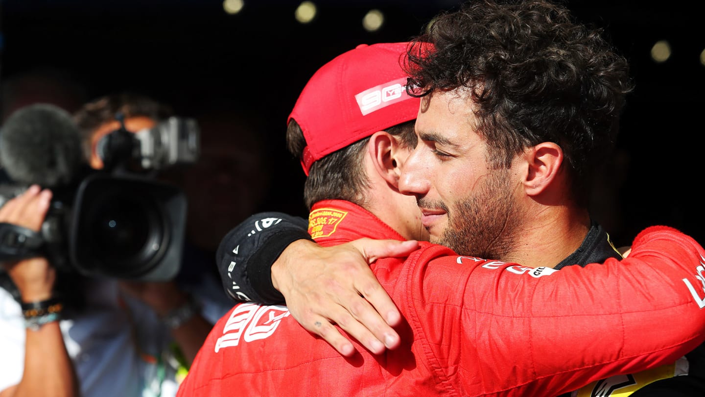 Race winner Charles Leclerc (MON) Ferrari celebrates in parc ferme with Daniel Ricciardo (AUS)