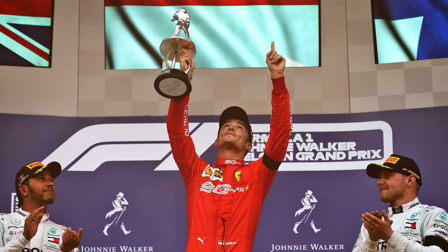 The podium (L to R): Lewis Hamilton (GBR) Mercedes AMG F1, second; Charles Leclerc (MON) Ferrari,