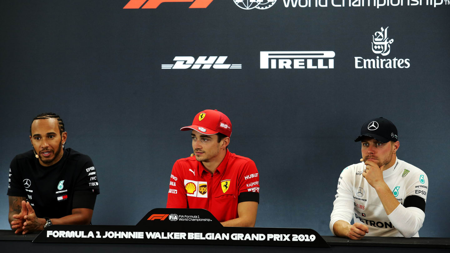 The post race FIA Press Conference (L to R): Lewis Hamilton (GBR) Mercedes AMG F1, second; Charles