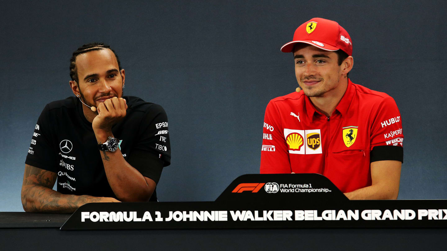 (L to R): Lewis Hamilton (GBR) Mercedes AMG F1 and Charles Leclerc (MON) Ferrari in the post race FIA Press Conference.
01.09.2019. Formula 1 World Championship, Rd 13, Belgian Grand Prix, Spa Francorchamps, Belgium, Race Day.
- www.xpbimages.com, EMail: requests@xpbimages.com - copy of publication required for printed pictures. Every used picture is fee-liable. © Copyright: Charniaux / XPB Images