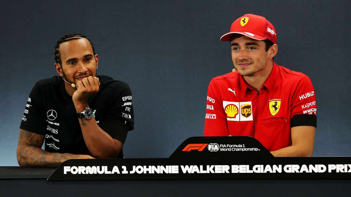 (L to R): Lewis Hamilton (GBR) Mercedes AMG F1 and Charles Leclerc (MON) Ferrari in the post race