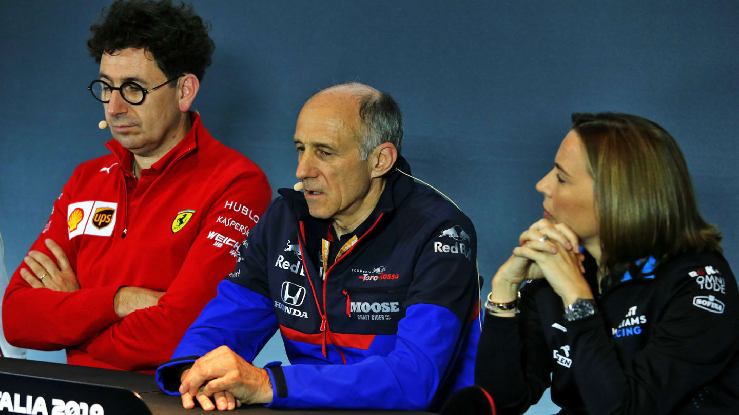The FIA Press Conference (L to R): Mattia Binotto (ITA) Ferrari Team Principal; Franz Tost (AUT) Scuderia Toro Rosso Team Principal; Claire Williams (GBR) Williams Racing Deputy Team Principal.
06.09.2019. Formula 1 World Championship, Rd 14, Italian Grand Prix, Monza, Italy, Practice Day.
- www.xpbimages.com, EMail: requests@xpbimages.com - copy of publication required for printed pictures. Every used picture is fee-liable. © Copyright: Moy / XPB Images