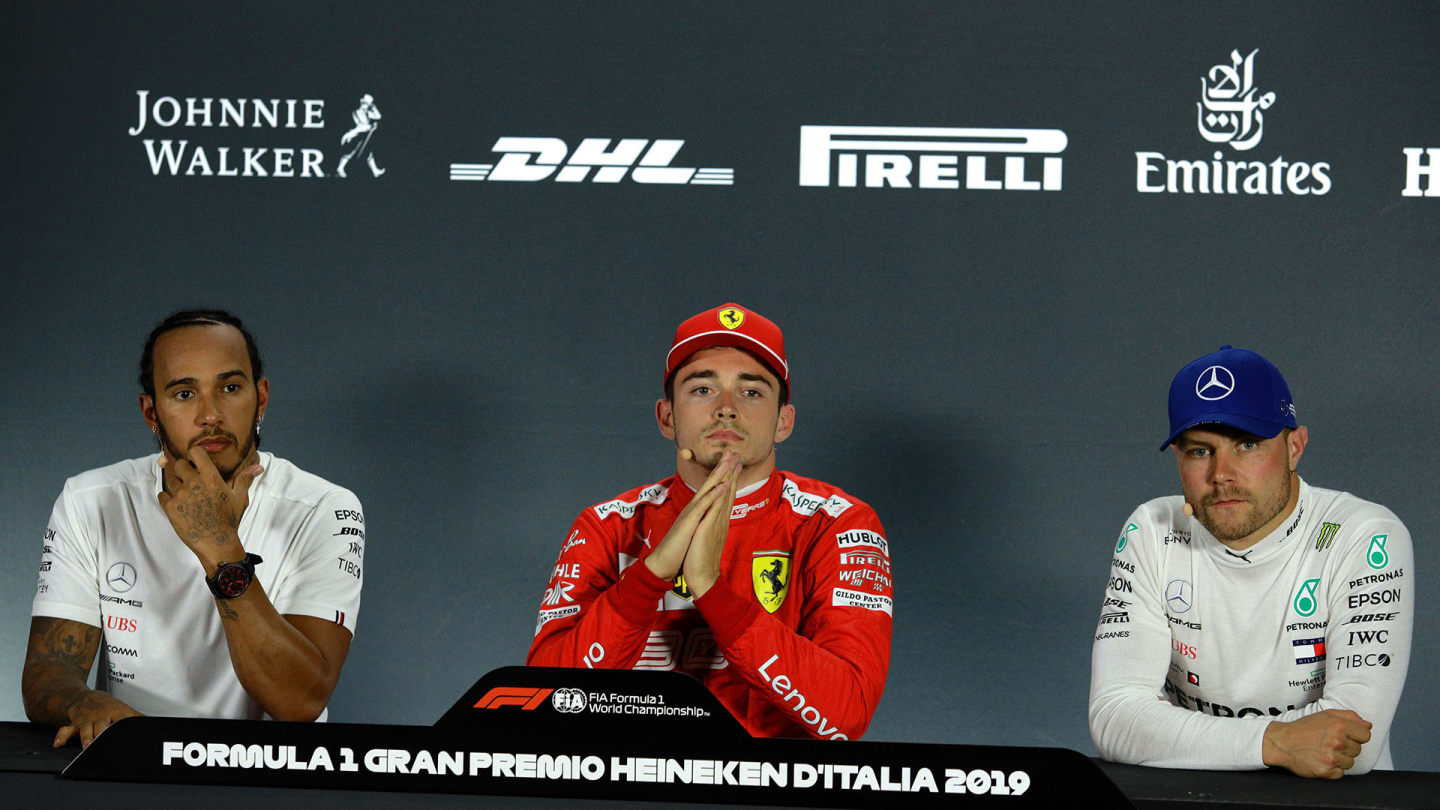 Qualifying top three in the FIA Press Conference (L to R): Lewis Hamilton (GBR) Mercedes AMG F1,