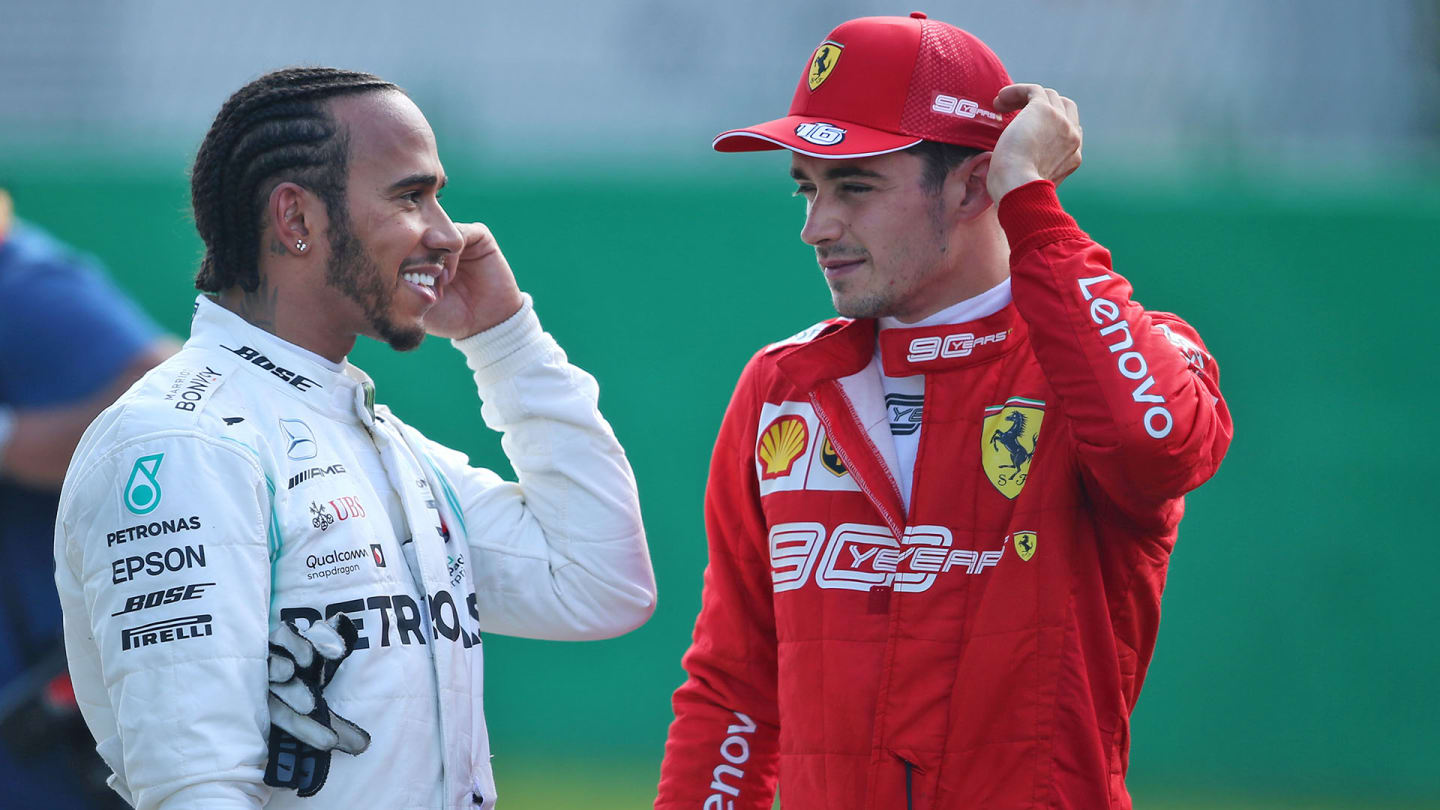 (L to R): Lewis Hamilton (GBR) Mercedes AMG F1 in qualifying parc ferme with Charles Leclerc (MON)