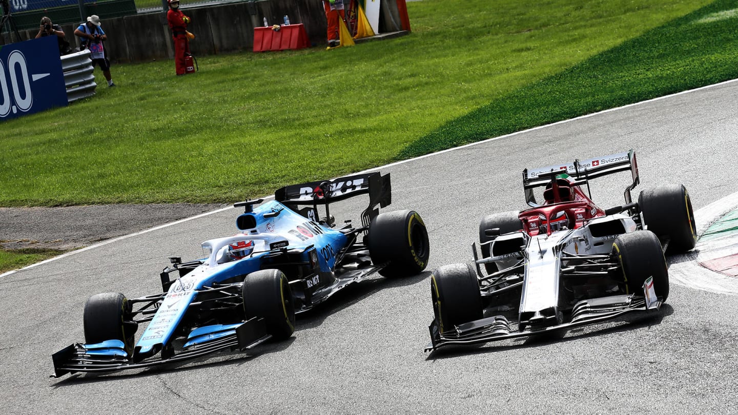 George Russell (GBR) Williams Racing FW42 and Kimi Raikkonen (FIN) Alfa Romeo Racing C38 battle for position.
08.09.2019. Formula 1 World Championship, Rd 14, Italian Grand Prix, Monza, Italy, Race Day.
- www.xpbimages.com, EMail: requests@xpbimages.com - copy of publication required for printed pictures. Every used picture is fee-liable. © Copyright: Batchelor / XPB Images