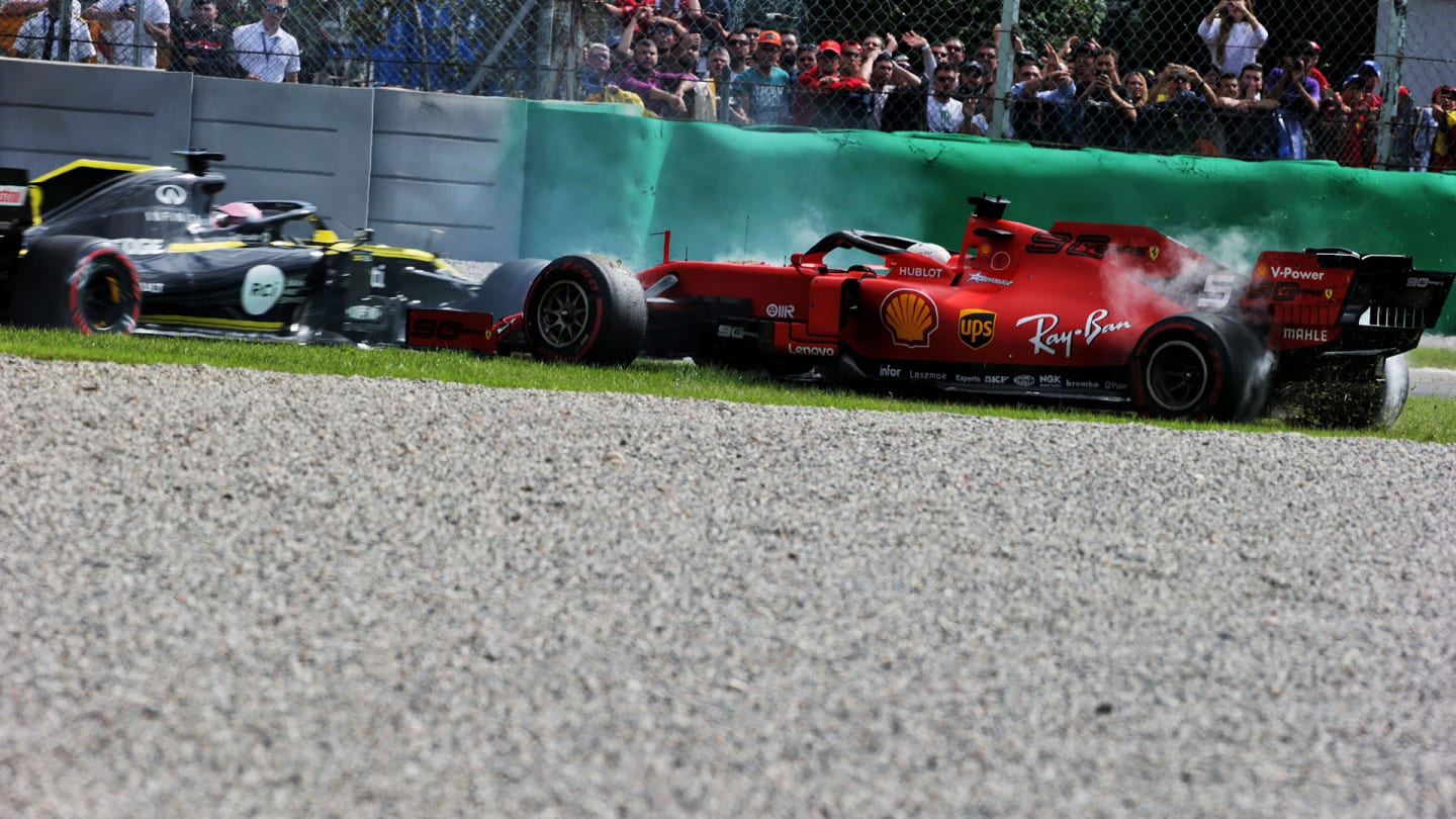 Sebastian Vettel (GER) Ferrari SF90 returns to the circuit after spinning during the race.
08.09.2019. Formula 1 World Championship, Rd 14, Italian Grand Prix, Monza, Italy, Race Day.
 - www.xpbimages.com, EMail: requests@xpbimages.com - copy of publication required for printed pictures. Every used picture is fee-liable. © Copyright: Bearne / XPB Images