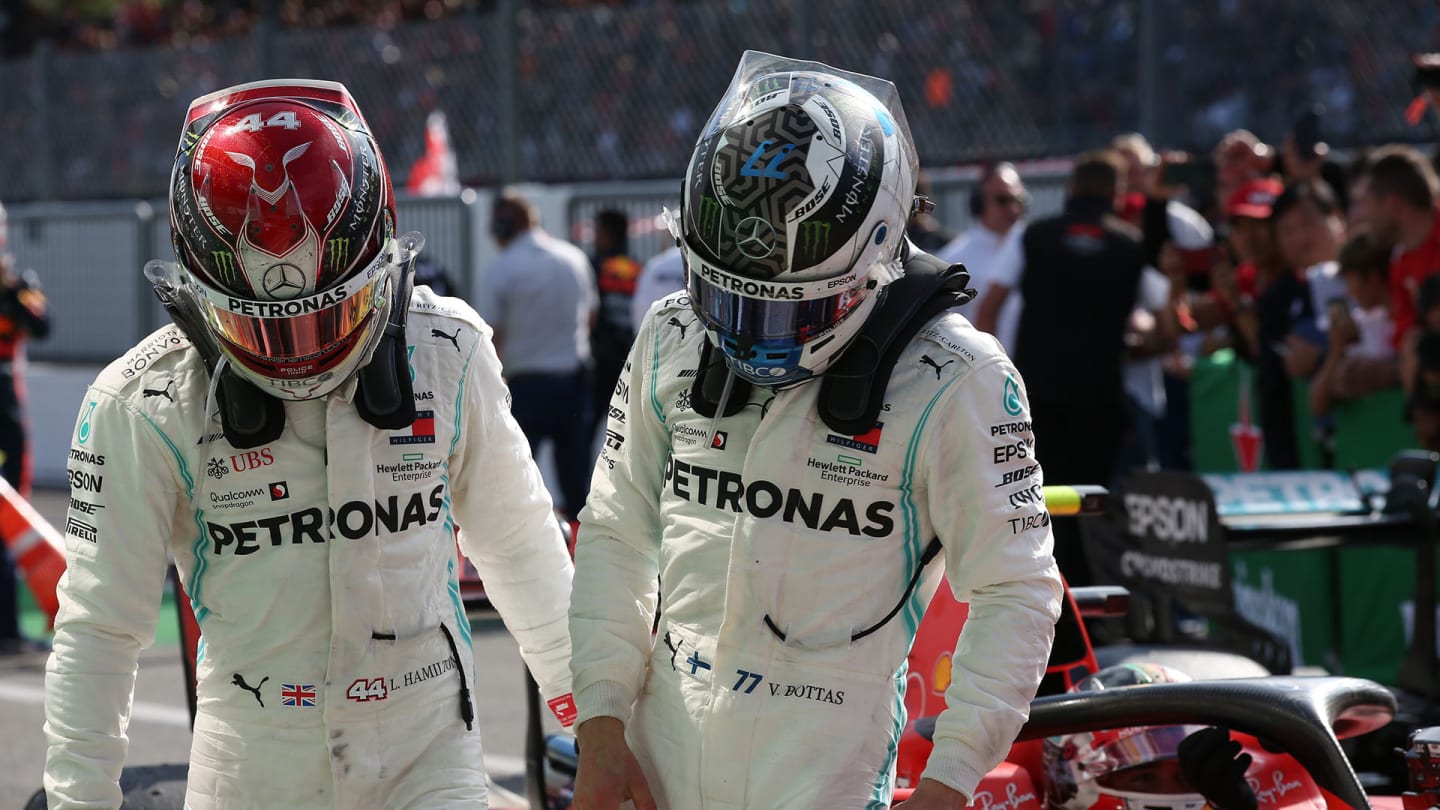 Lewis Hamilton (GBR) Mercedes AMG F1 W10 with Valtteri Bottas (FIN) Mercedes AMG F1 W10 and Charles