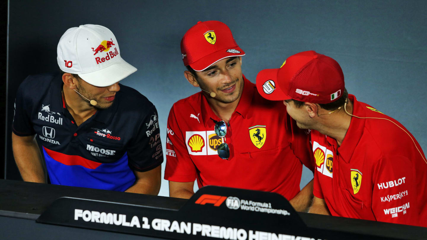 (L to R): Pierre Gasly (FRA) Scuderia Toro Rosso; Charles Leclerc (MON) Ferrari; and Sebastian Vettel (GER) Ferrari, in the FIA Press Conference.
05.09.2019. Formula 1 World Championship, Rd 14, Italian Grand Prix, Monza, Italy, Preparation Day.
- www.xpbimages.com, EMail: requests@xpbimages.com - copy of publication required for printed pictures. Every used picture is fee-liable. © Copyright: Moy / XPB Images