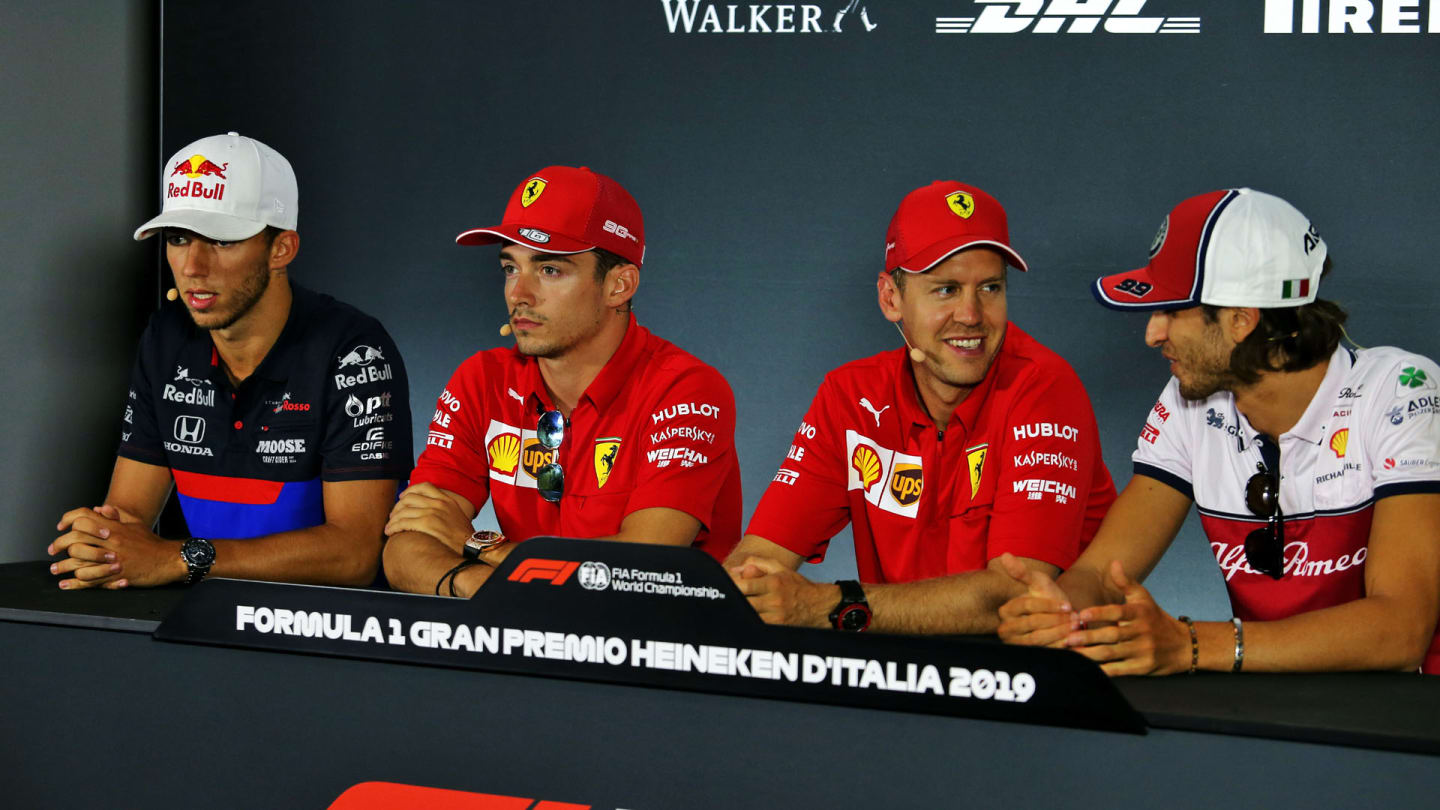 (L to R): Pierre Gasly (FRA) Scuderia Toro Rosso; Charles Leclerc (MON) Ferrari; Sebastian Vettel (GER) Ferrari; and Antonio Giovinazzi (ITA) Alfa Romeo Racing, in the FIA Press Conference.
05.09.2019. Formula 1 World Championship, Rd 14, Italian Grand Prix, Monza, Italy, Preparation Day.
- www.xpbimages.com, EMail: requests@xpbimages.com - copy of publication required for printed pictures. Every used picture is fee-liable. © Copyright: Moy / XPB Images