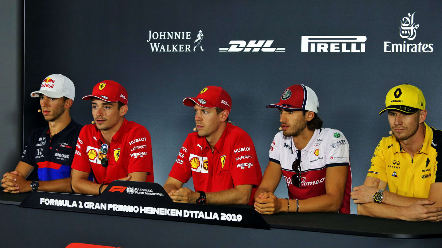 (L to R): Pierre Gasly (FRA) Scuderia Toro Rosso; Charles Leclerc (MON) Ferrari; Sebastian Vettel
