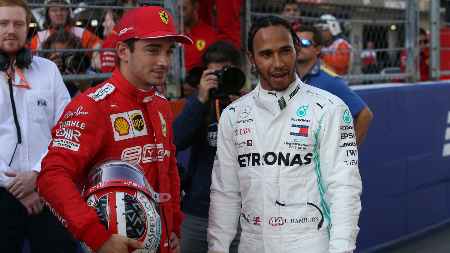 pole position for Charles Leclerc (MON) Ferrari SF90 and Lewis Hamilton (GBR) Mercedes AMG F1 W10