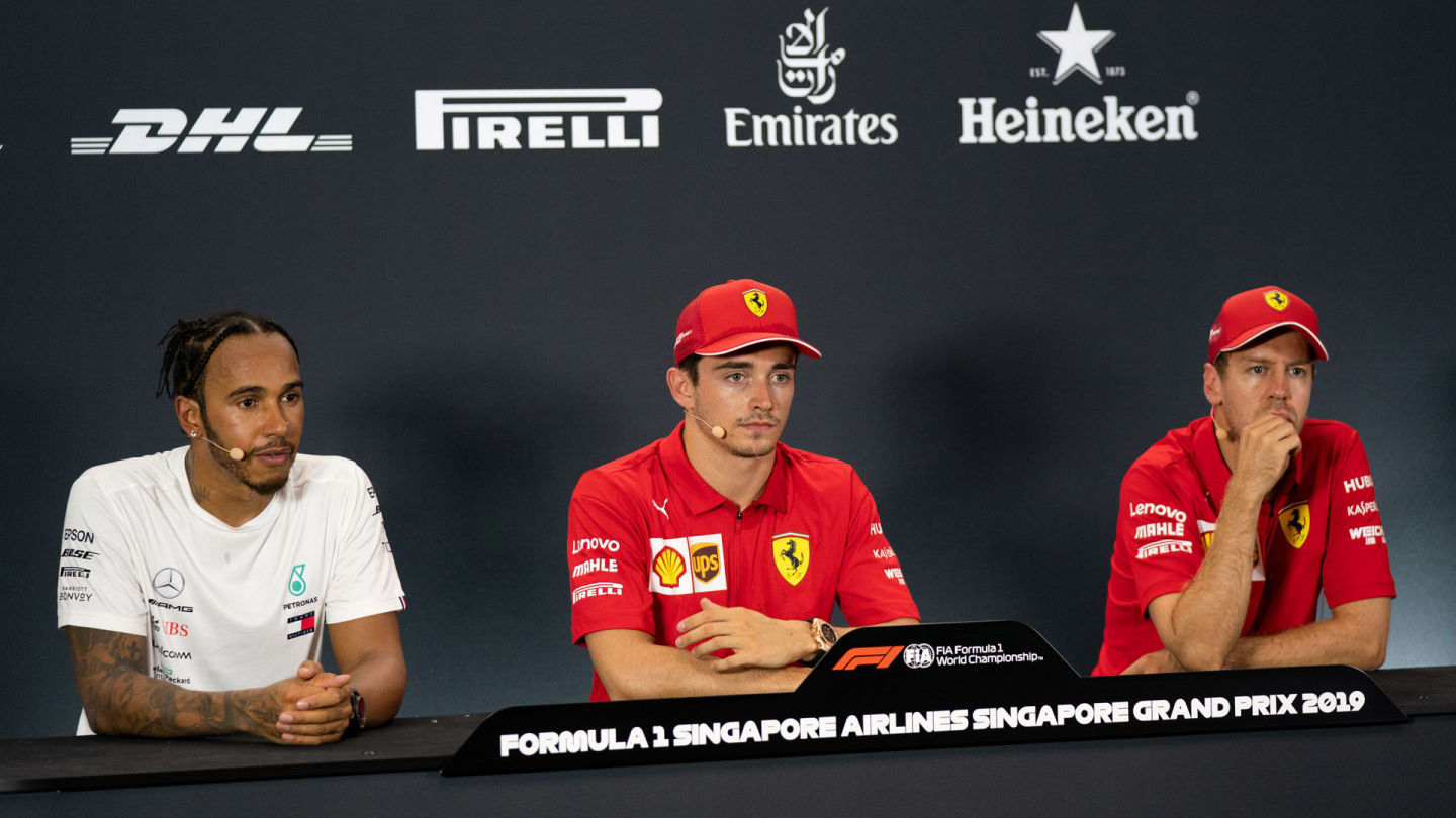 The post qualifying FIA Press Conference (L to R): Lewis Hamilton (GBR) Mercedes AMG F1, second;