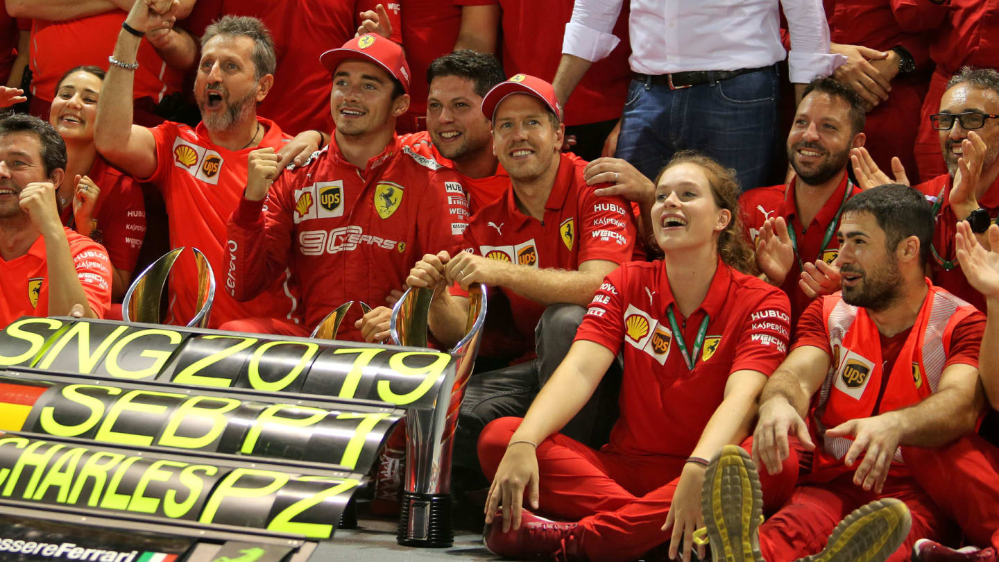 Race winner Sebastian Vettel (GER) Ferrari and second placed Charles Leclerc (MON) Ferrari